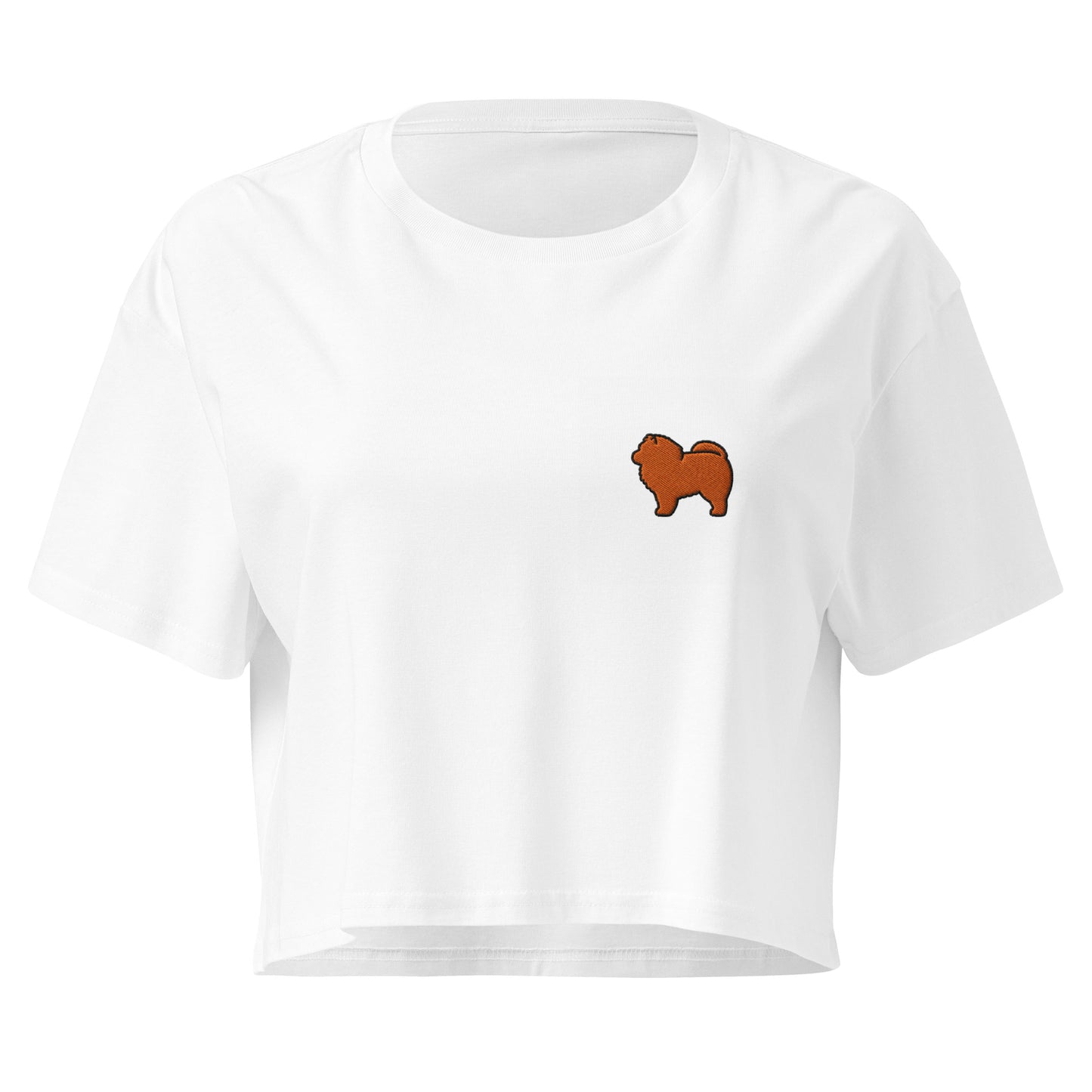 Crop top femme blanc avec illustration adorable de chow chow style kawaii sur le devant, coupe tendance et décontractée idéale pour un look casual et mignon.