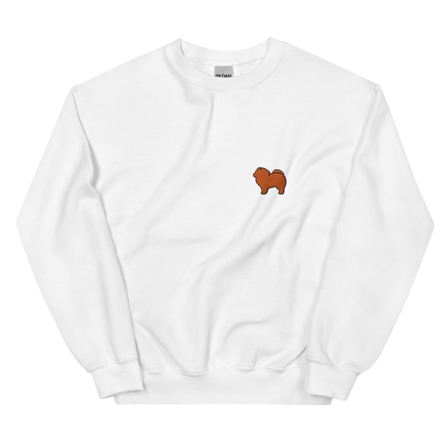 Sweatshirt blanc unisexe avec illustration kawaii de chow chow fluffy sur le devant, coupe confortable et style décontracté pour un look cosy au quotidien.